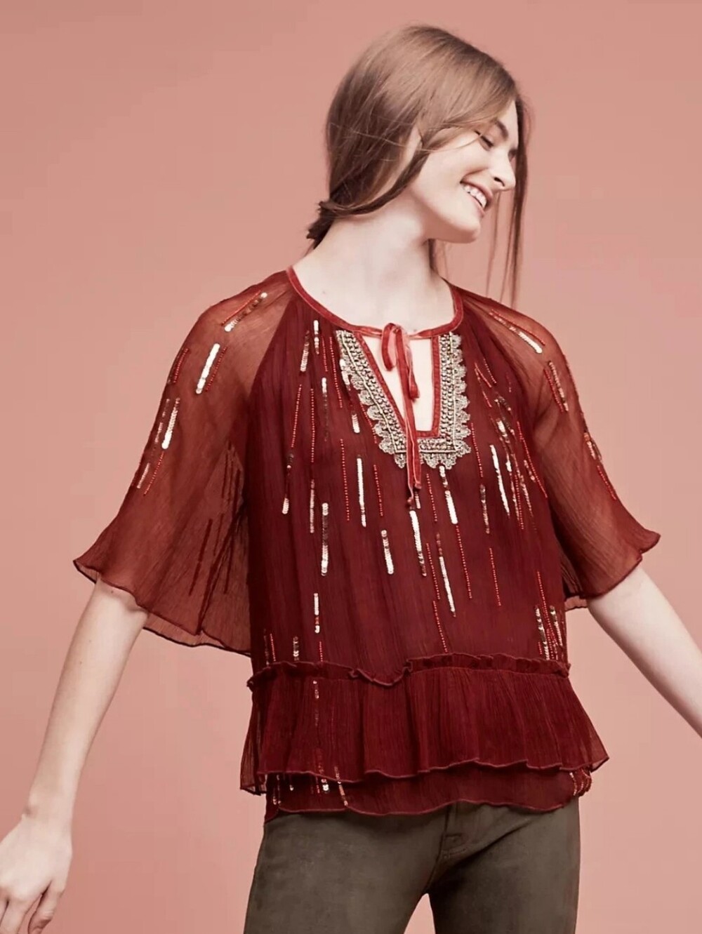 Anthropologie × Floreat Canalis Keyhole Beaded Sequin Tie Neck Top Burgundy XS